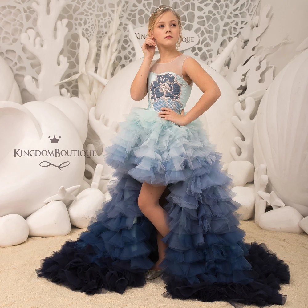 

Lorencia Blue Flower Girl Dress Tulle Puffy For Wedding High Low Ruffles Tiered Birthday Party Gown First Communion Dress YFD027