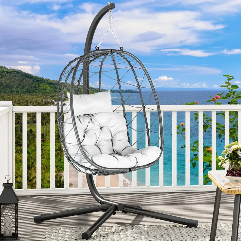 

Подвесное кресло-качалка с яйцом, уличные плетеные стулья-гамаки для дома со стальной подставкой, устойчивая к ультрафиолетовому излучению подушка 350 фунтов для патио, спальни