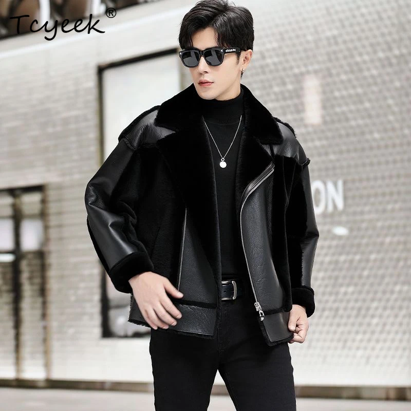 Tcyeek Natural Real Sheepskin Fur Coat Men Winter Clothes Genuine Leather Man Jackets 2025 Motocycle Jacket Streetwear Дубленка