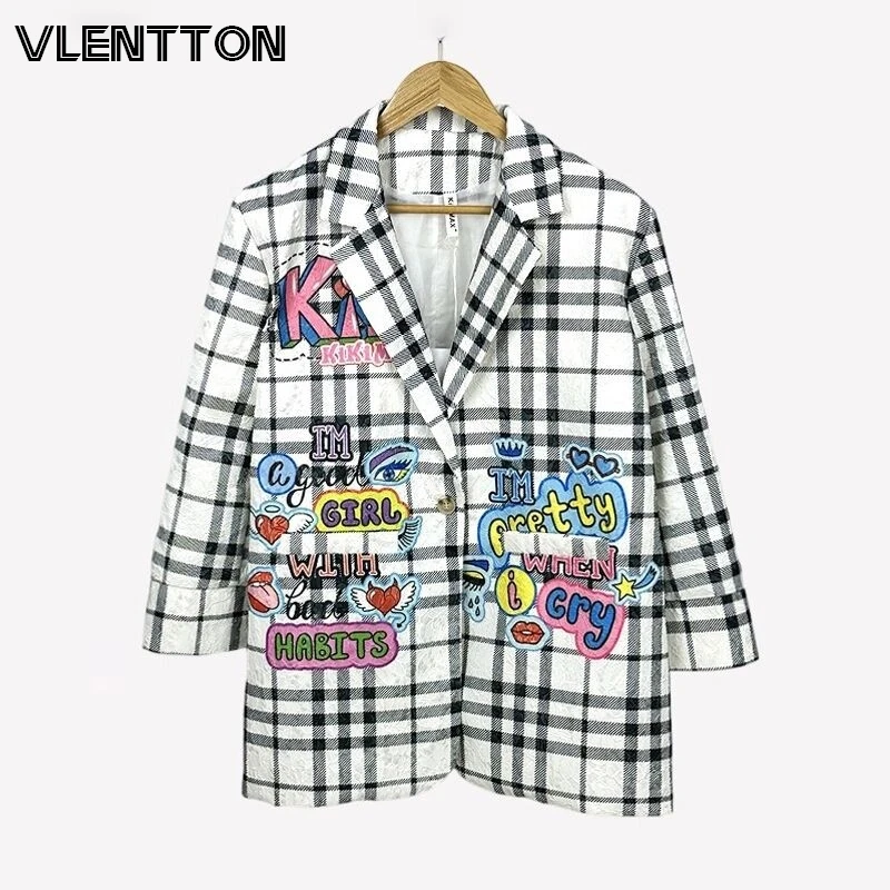 

2025 Autumn Elegant Print Long Sleeve Blazer For Women Casual Chic Button Pockets Jacket Suit Ladies Outerwear