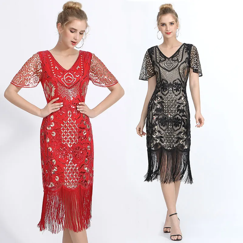 

Women Vintage 1920s Deco Fringe Flapper Dress Gold Sequins Dinner Party Formal Gowns Ballroom Dresses Sequin Latin Dance