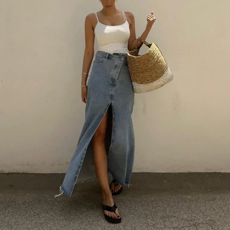 

Vintage Irregular Denim Skirt Women Spring Pocket Tassel High Waist Simple Blue Slit Faldas Bottom Female Elegant Maxi Skirts