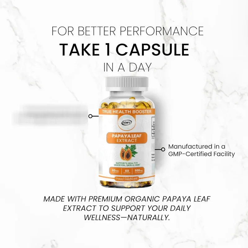 Papaya leaf extract 500mg, suitable for hair and skin, supports digestive health and natural antioxidants for 60 days