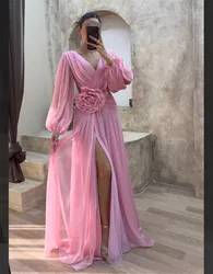 Customized Long Sleeve Pink V-Neck Evening Dresses With Slit/Flower A-Line Pleats Floor Length Prom Dress for Women