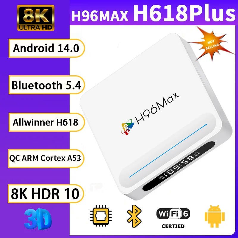 

H96MAX H618PLUS Smart TV Box 4 ГБ 32 ГБ 8K 5G Dual Wi-Fi BT5.4 100M Видео-медиаплеер Allwinner H618 Android14.0 Set Top Box