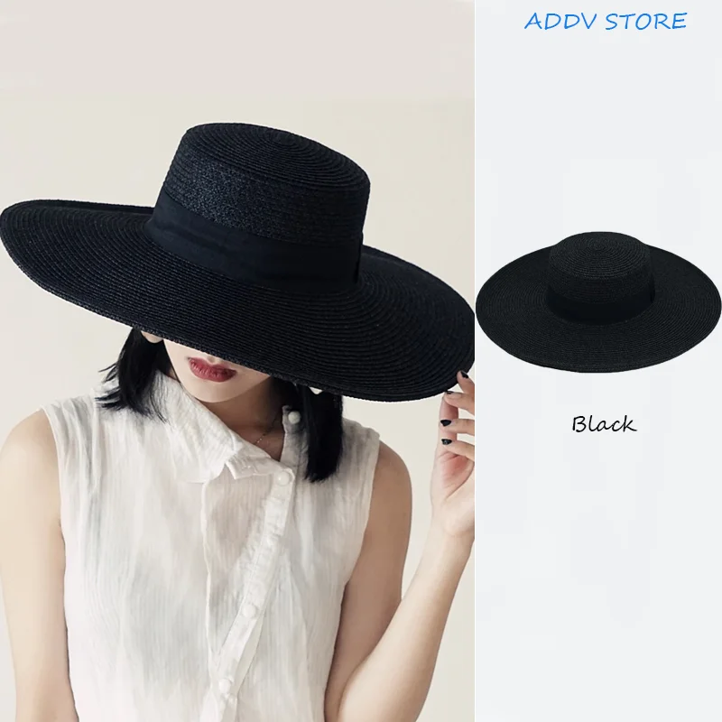 French Black Large Brim Top Hat  Female Summer Shade Resort Beach Sun Straw Hat Black Panama