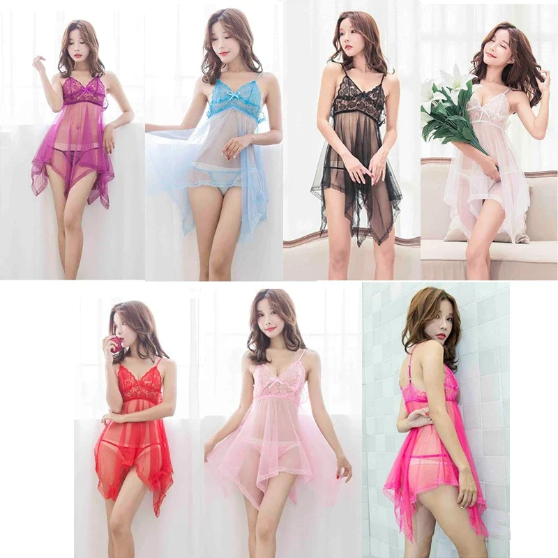 Sexy Sleepwear Lace Lingerie Set Chiffon Nightdress Nightgown Transparent Pajamas Pijamas Women Night Dress Nightwear With Thong