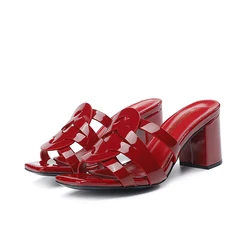 New Classic Summer Women's High Heel Slippers Trend Fashion Genuine Leather Women's Slippers Brand High Heel Fish Mouth Shoes