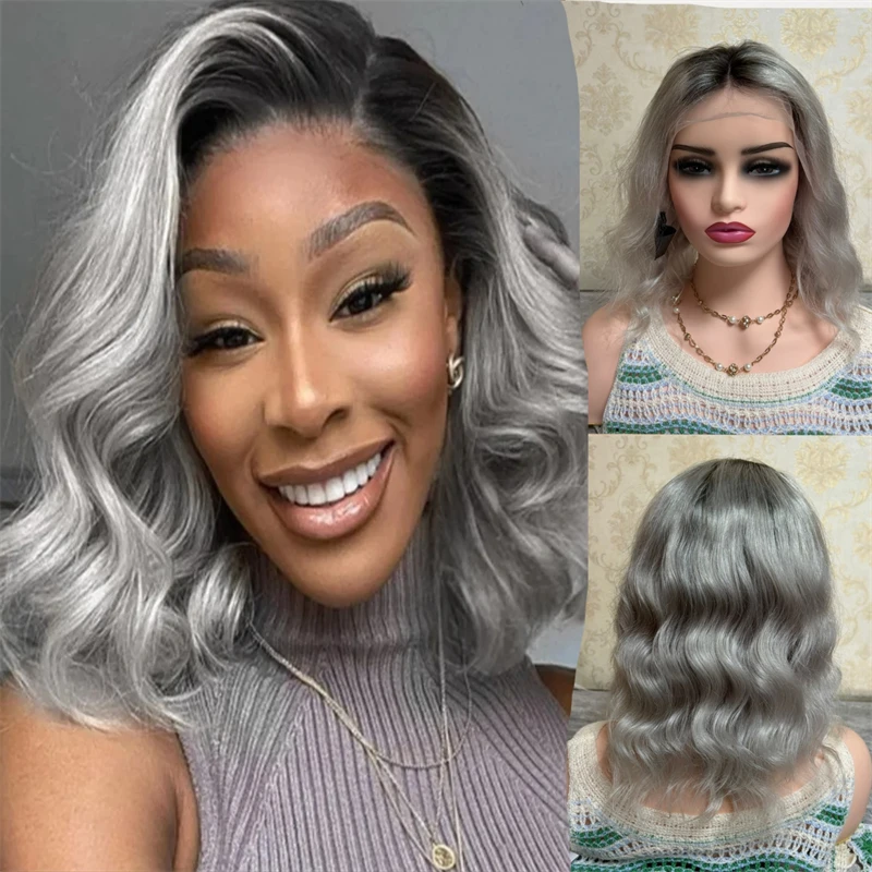 Ombre Ash Blonde Body Short Wave Wig Synthetic HD Lace Front Wig Short Bob Hair Wigs Heat Resistant Fiber Daily Use Cosplay Wig