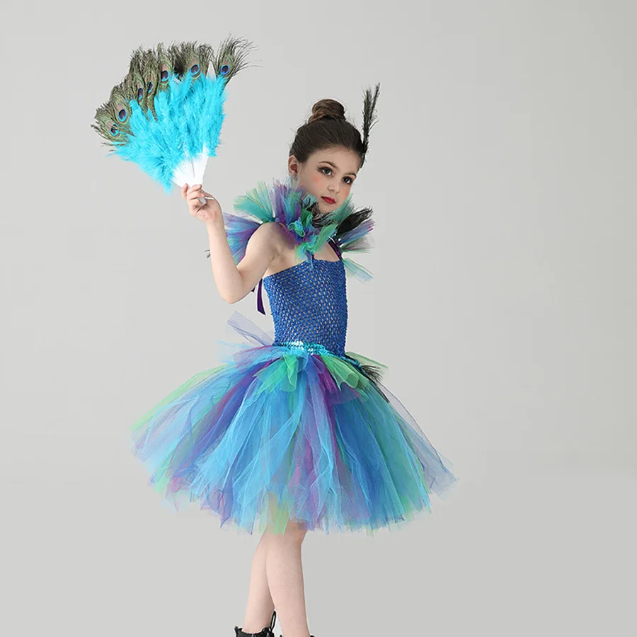 Peacock Enfant Kleid, Pfauenfeder-Cosplay, Karnevalskostüme für Kinder, Halloween, Karneval, Purim, Pfauen-Prinzessinnen-Set – Detail 7