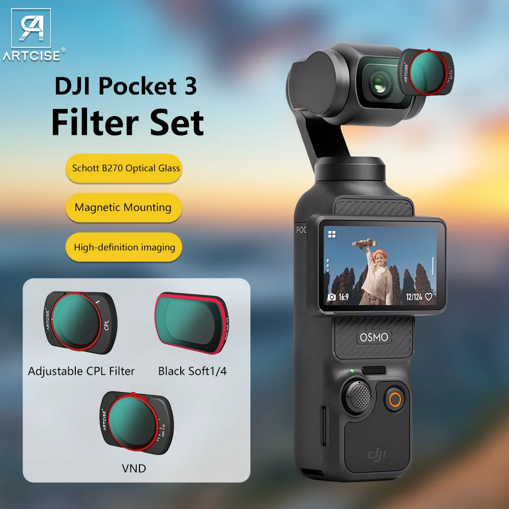 

ARTCISE DJI Pocket 3 CPL Black Soft 1/4 ND VND Filter Set Glass Adjustable Slim Magnetic Mounting Aluminum for Lens Protection