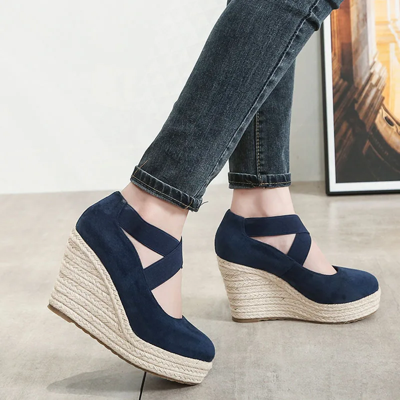 

Новинка 2023 года, туфли-лодочки на высоком каблуке 10 см, женские эспадрильи на танкетке, женская обувь на платформе с круглым носком и перекрестным ремешком, модная zapatos mujer WSH5163