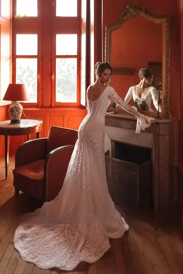 Customized Elegant Strapless Mermaid Long Sleeves Wedding Dresses High Quality Lace Applique Floor Length Open Back Bridal Gowns