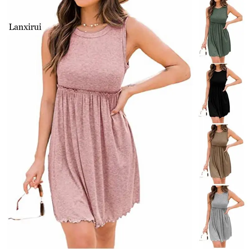 

Summer Dress Women 2022 New Fashion Women Elegant Party Dress High Waist Casual Pleated Tank Dresses