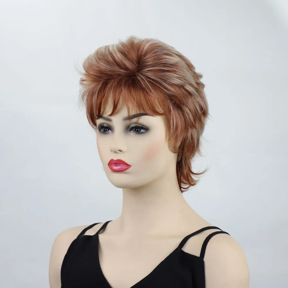 باروكة نسائية قصيرة مجعدة منفوش بني أشقر مزيج من الألياف الاصطناعية المقاومة للحرارة قطعة شعر منفوشة مسبقًا للحفلات اليومية #3