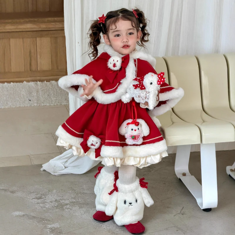 

2025 Winter New Hot Selling Children's Plush Sweet Rabbit Cloak and White Bottom Shirt and Leg Cover 3-Piece Set