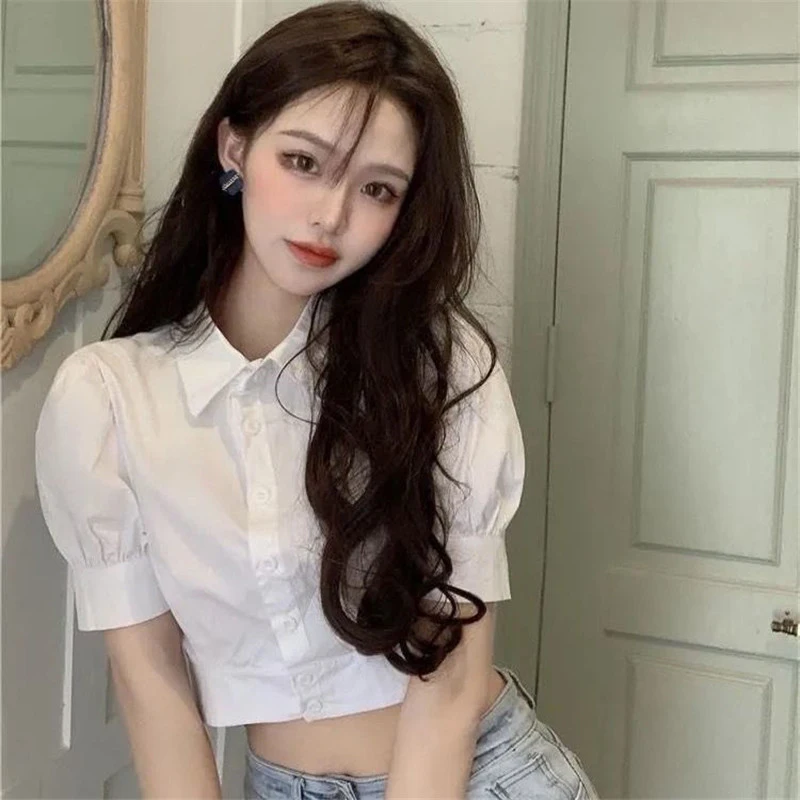 Women Solid Shirt Summer Lapel Sweet New Puff Short Sleeve Female Blouse Fashion All Match Button Korean Ladies Crop Tops