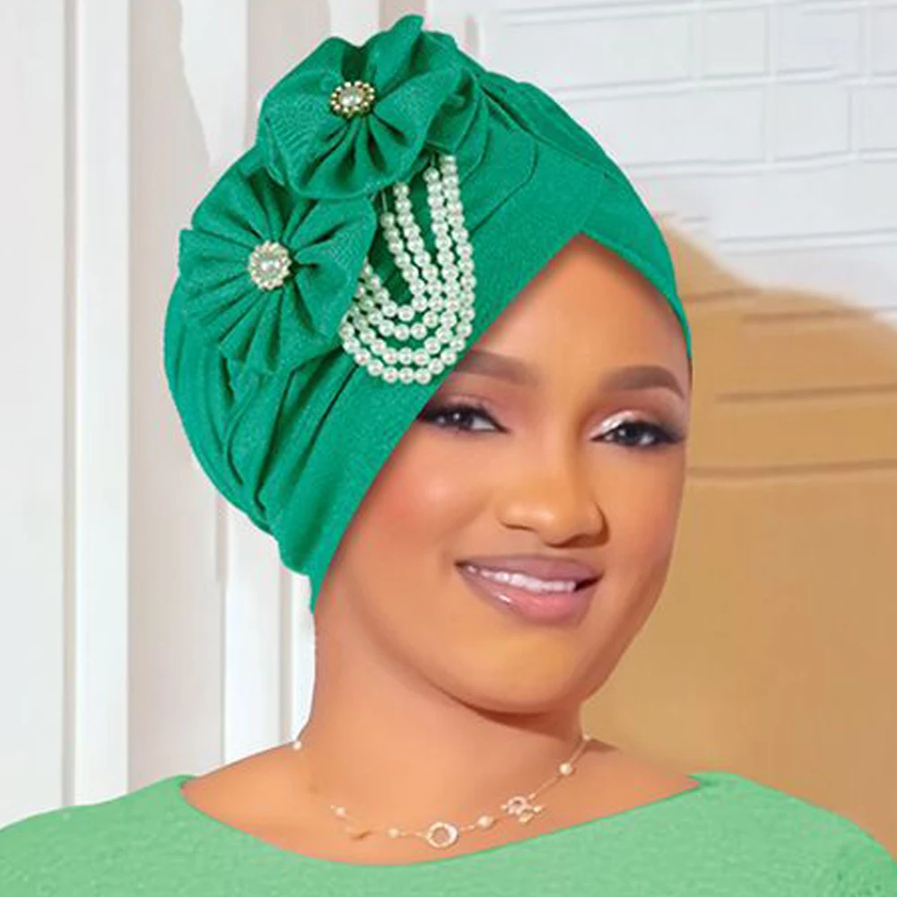 

2025 New Pearls Beading Turban Chemo Cap Hijab Women Flower Design Female Head Wraps Muslim Headscarf Bonnet Hair Loss Hat Cover