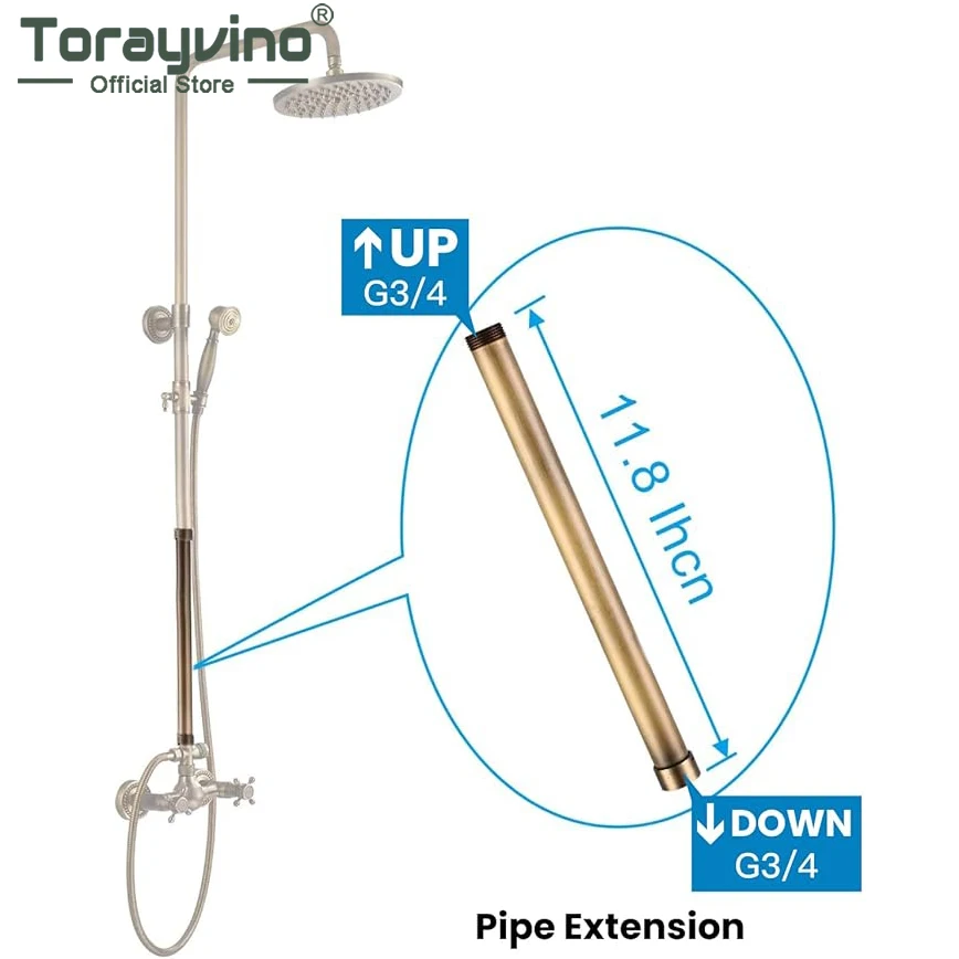 Torayvino  G3/4 Shower Extension Tube Shower Extender Bar Longer Shower Pipe Add Shower Height Outdoor Antique Brass 12 Inch