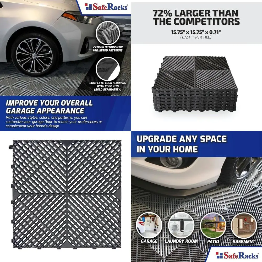 

Interlocking Garage Floor Tiles - Vented, Drainage, Non-Slip, Polypropylene, Suitable for Garages, Patios, and Basements - Black