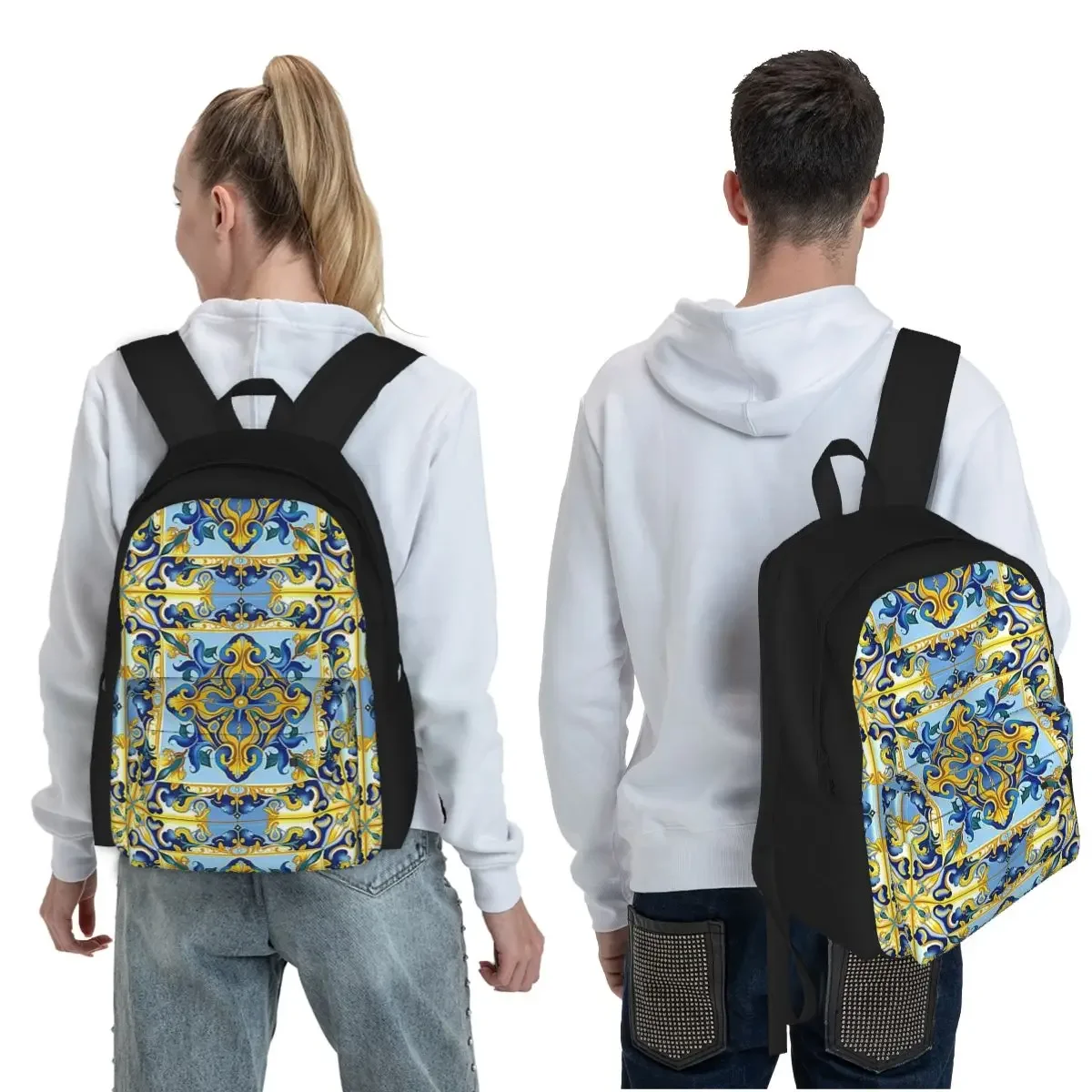 Italian Majolica Tiles Blue And Gold Student Backpack School Bag HikingTravelDaypack for Men Women Fashion Bookbag Shoulder Bags