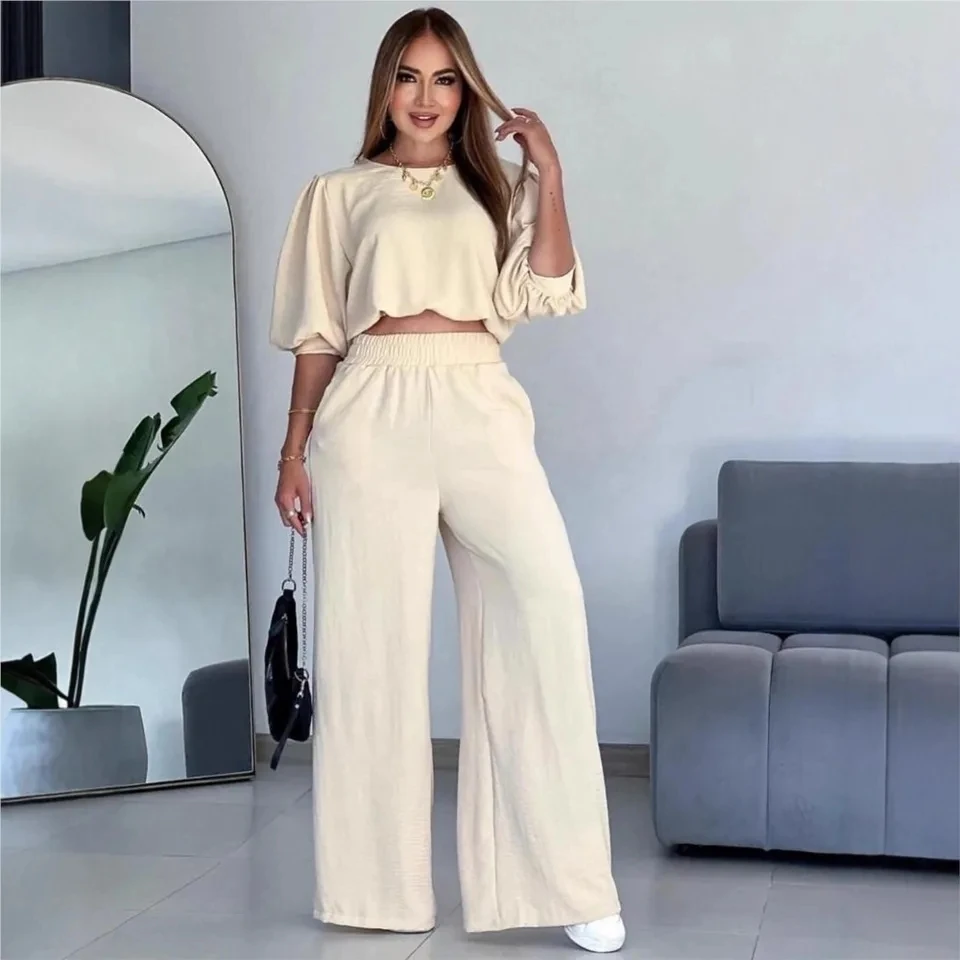 

Women's Casual O Neck Puff Short Sleeve Loose Short Tops Set Fashion High Waist Draped Wide Leg Pants 2-piece Set Female 2026