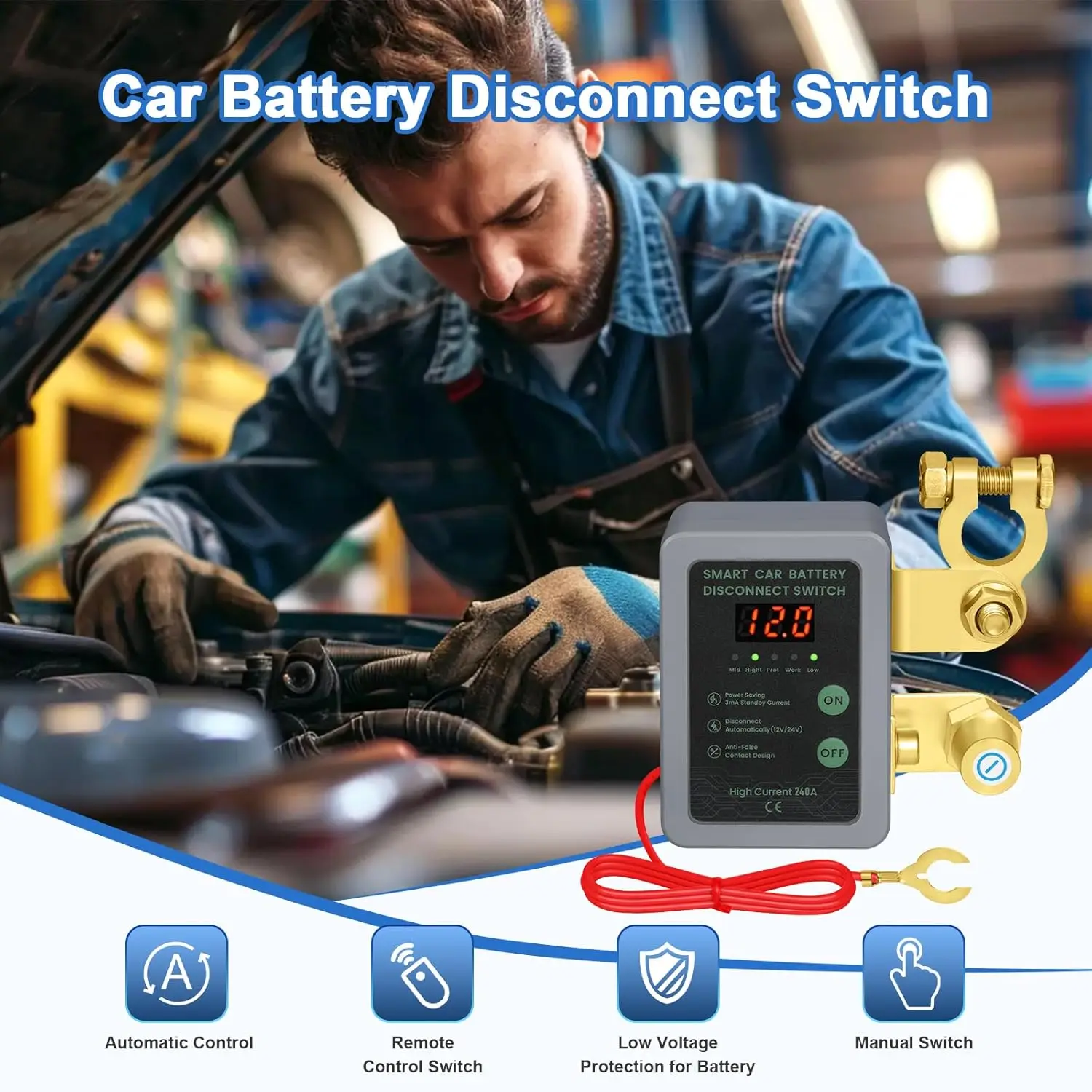 

Kill Switch for Car 12V Remote Battery Disconnect Switch Smart Voltage Car Battery Switch for Vehicle RV ATV Truck Boat with LED