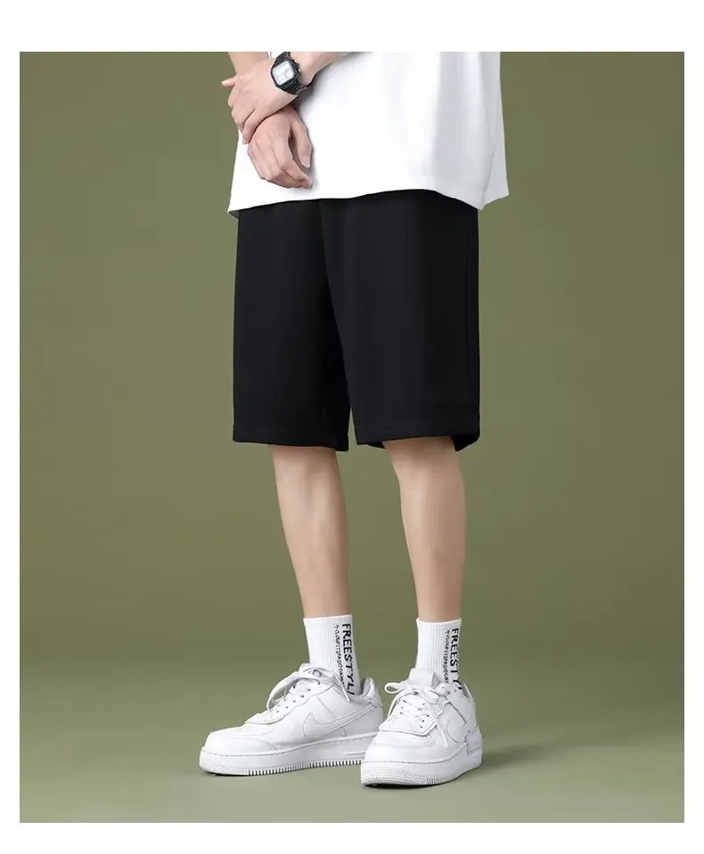 Solid Color Versatile Men Thin Style Simple Summer Elastic Waist Slimming Sports and Casual 5-point Pants
