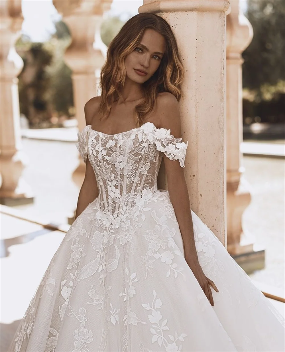 Tokyo Customized White Off Shoulder Wedding Dresses Sleeveless Flower Back Zip Bridal Gowns A-Line Court Train Wedding Gowns