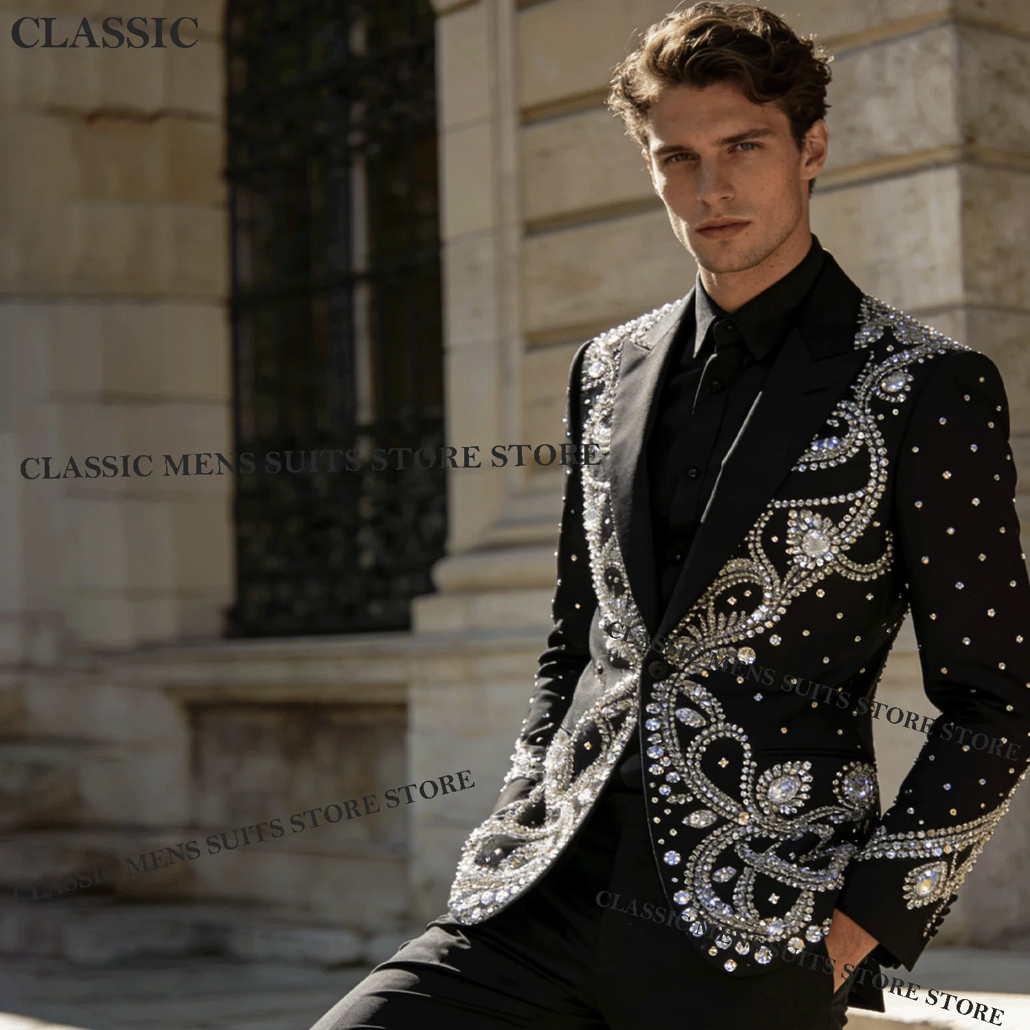 

Metallic Jewelry Ornament Tuxedo Men Glitter Customized Suits 2 Piece Wedding Groom Male Prom Blazer Slim Party Ternos Completo