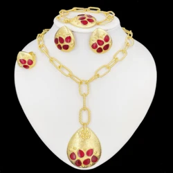 Women Jewelry Set Latest Design Gold Plated Long Pendant Necklace Earrings Bracelet And Ring Full Set Jewelry Party Trending