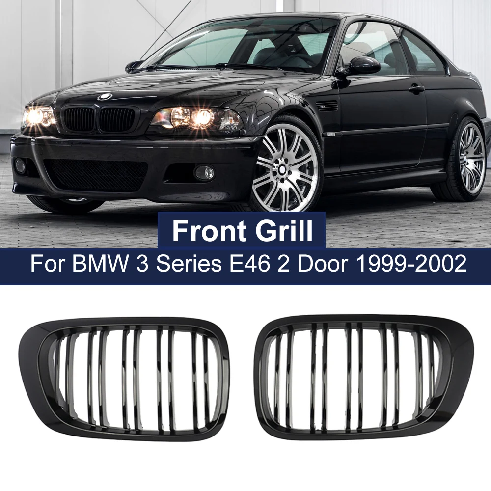 

2PCS Front Center Bright Black Hood Grille Grill Kidney Racing Grilles Dual Slat 2 Line For BMW E46 2-Door 1999-2002 Car styling