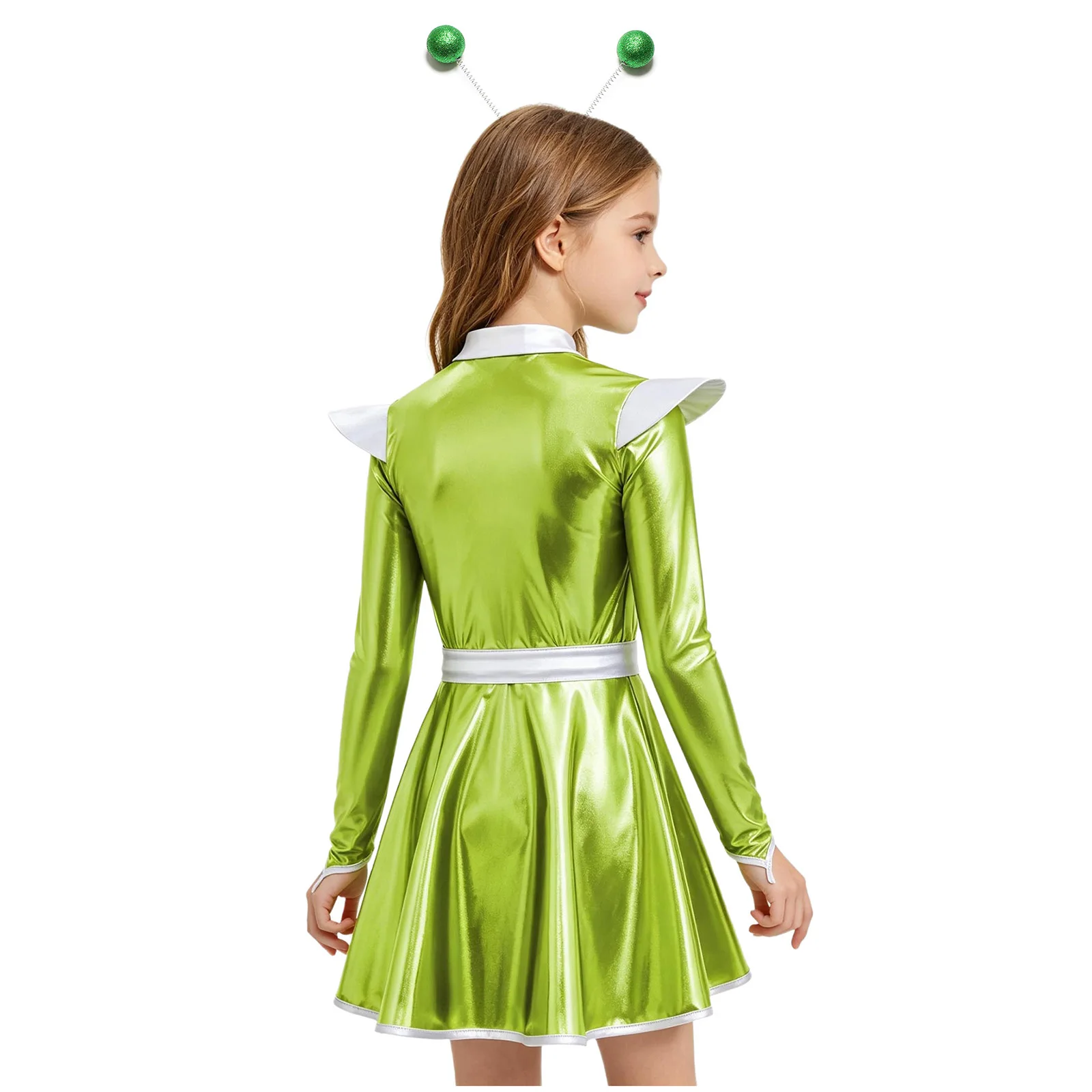 Kids Girls Alien Robot Cosplay Costume Metallic Long Sleeves Zipper A Line Dress with Hair Hoop for Halloween Outer Space Party - view 2