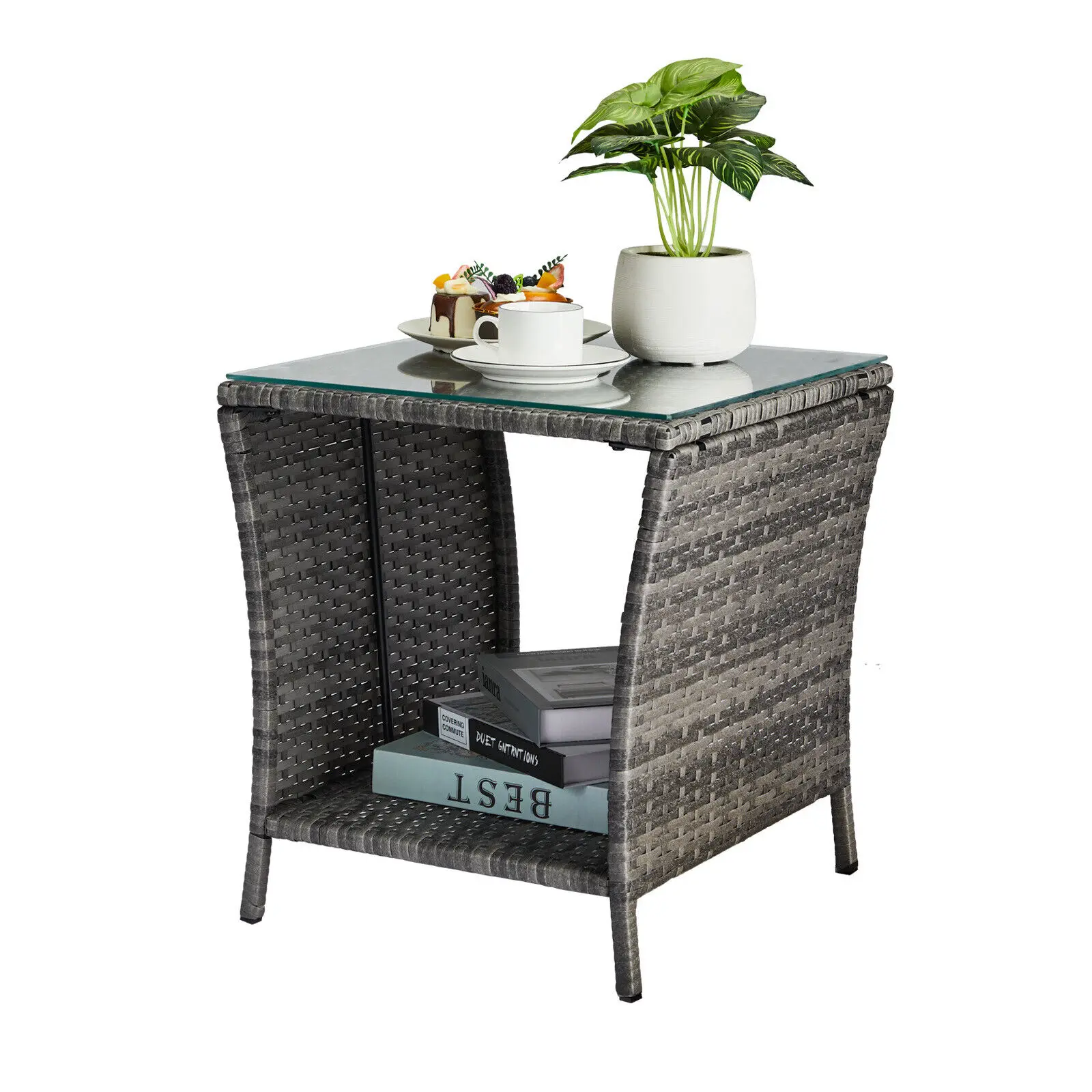 

Outdoor Grey Wicker Side Table Rattan Square Side Table Courtyard Coffee Bistro