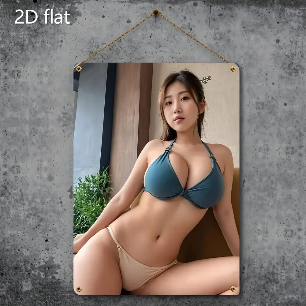 2D Flat Metal Wall Sign, Asian Beauty Bikini Lady Portrait Tin Plaque, Modern Indoor Wall Decor for Bedroom Lounge Bar Man Cave