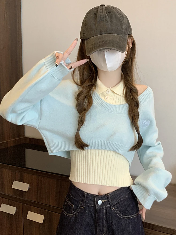 

Синий вязаный комплект из двух предметов: удлиненный топ и юбка. Уникальный, красивый, в стиле Miu Dopane. Свободный крой.