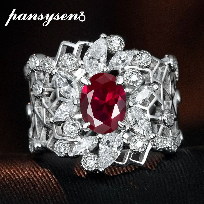 PANSYSEN 100% 925 Sterling Silver 6*8MM Oval Ruby Sapphire Gemtone Ring for Women Man 18K White Gold Plated Party Fine Jewelry