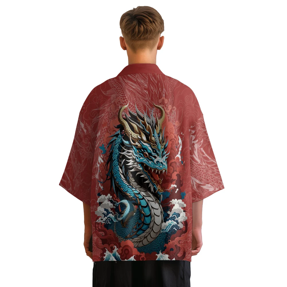 Summer Kimono Men Hawaiian Shirt Beach Cardigan Lucky Dragon Kimono Fashion Women Yukata Japanese Clothes Bathrobes Haori