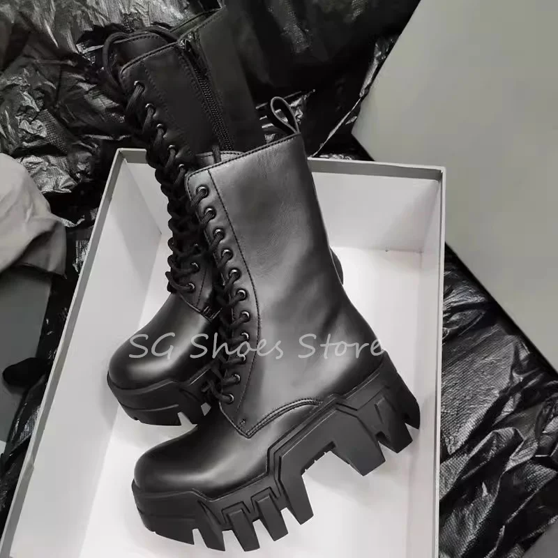 Punk Style Black Women Motorcycle Boots Round Toe Chunky Bottom Height Increasing Mid-Calf Boots Ladies Lace-Up Short Boots