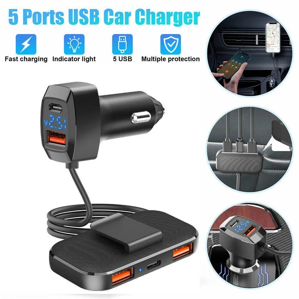 Auto Charger USB C 31W 5-in-1 Fast Charging Type C Car USB Charger 5 Multi Ports With Display Car Cigarette Charger Adapter