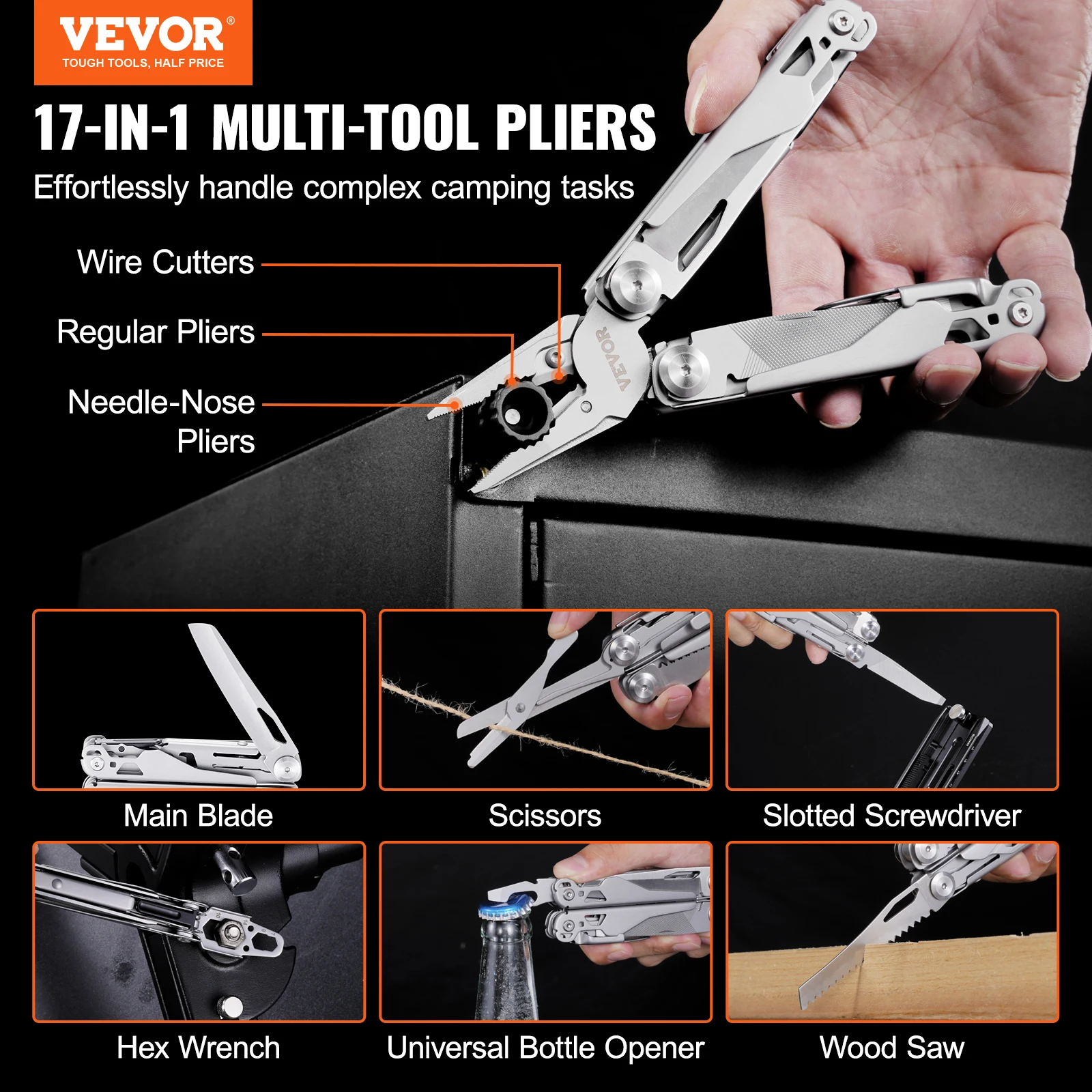 VEVOR 16 17-In-1 Multitool Pliers Multi Tool Pliers Cutters Knife Scissors Ruler Screwdrivers Wood Saw, Can Bottle Opener