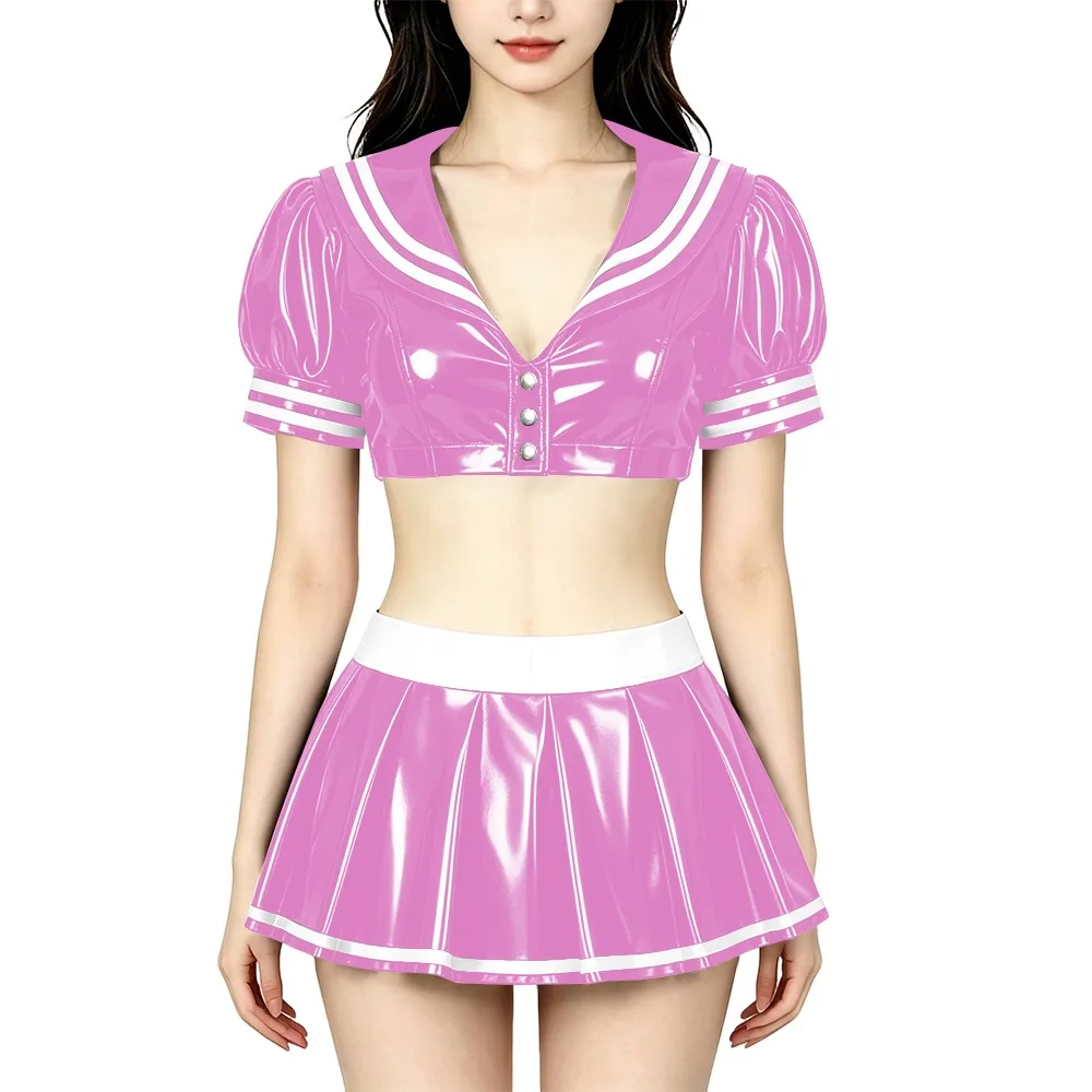 

Anime PVC Shiny Leather Sailor Suit Party Cosplay Sailor Collar Student Uniform Wetlook Maid Sailor Sweet Role Playing Outfits