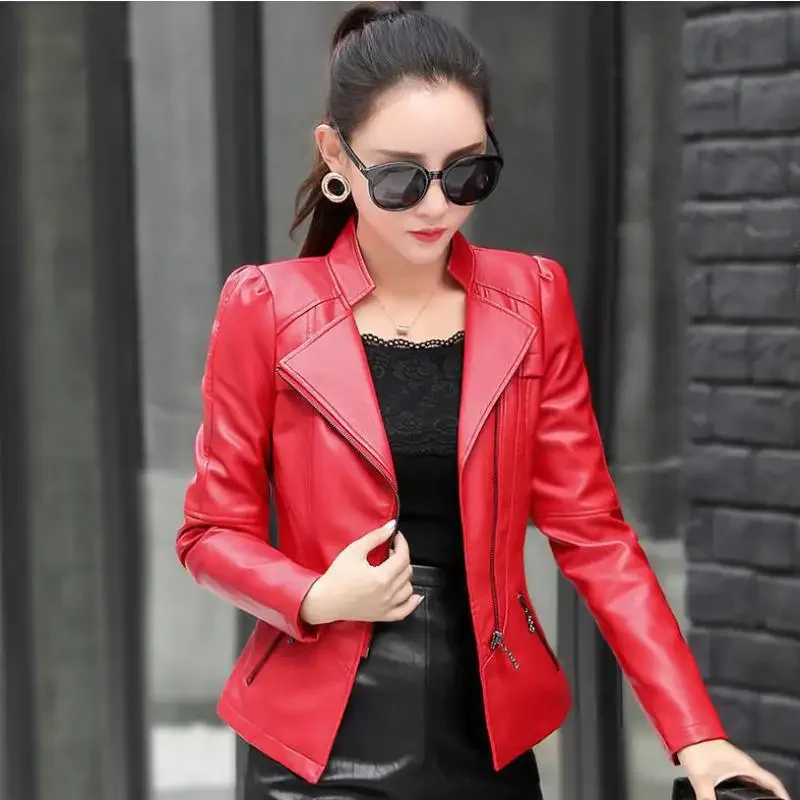 New women biker jackets 2020 spring autumn slim long sleeved zipper moto style black coats ladies  faux leather jackets