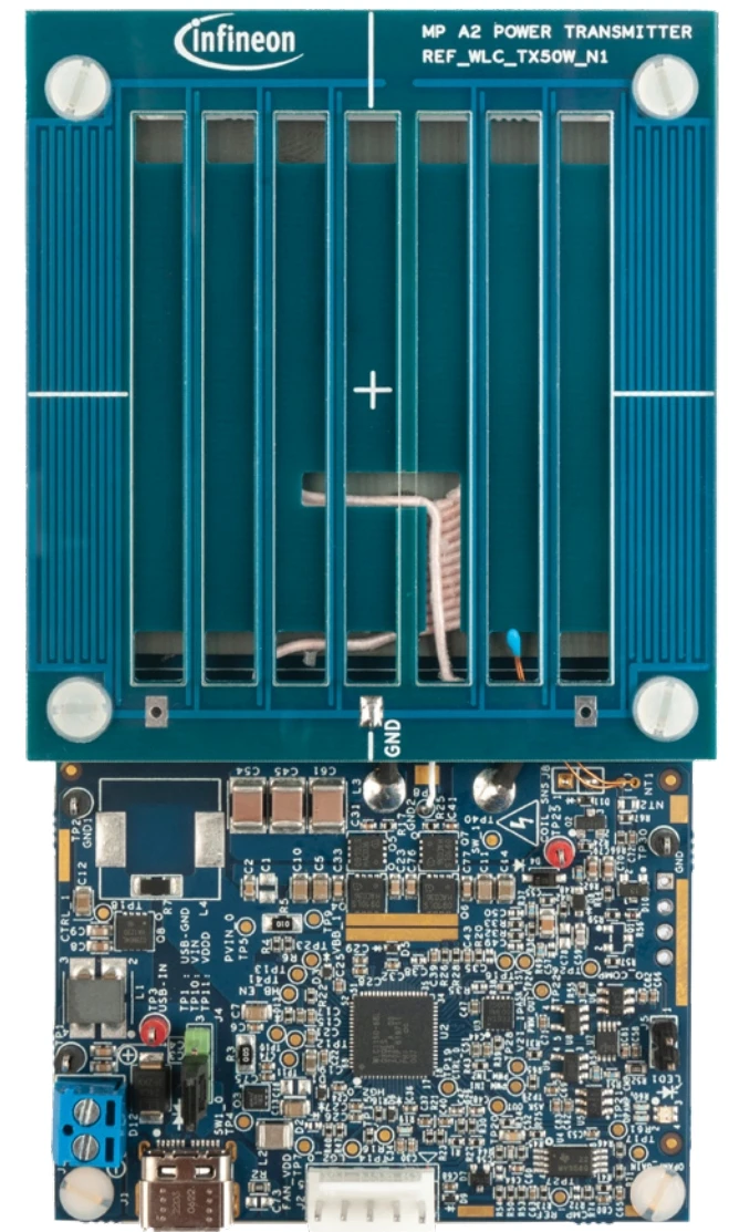 REFWLCTX50WN1 Infineon 50W wireless charging power transmitter board and compatible with Qi 1.3.2 BPP and EPP receivers