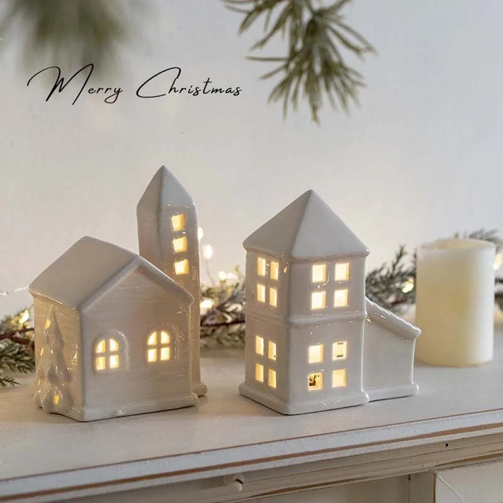 Ceramic Porcelain Lamp Ornament Button Batteries LED Christmas Atmosphere Lights Star Glowing Effect House-shaped Night Lamp