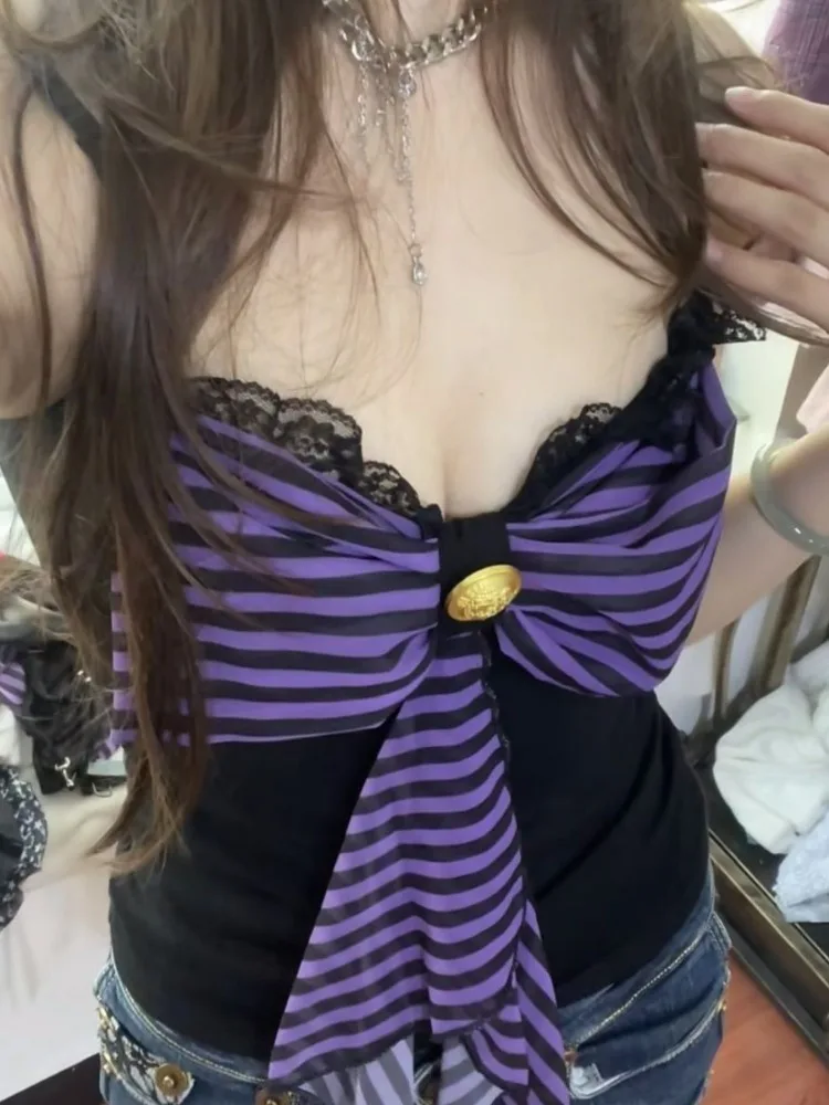 Y2k الجمالية الدانتيل المرقعة المرأة بروتيل Harajuku خمر شريط القوس الصيف الدبابات الشارع الشهير الجرونج مثير عارية الذراعين تانك القمم #1