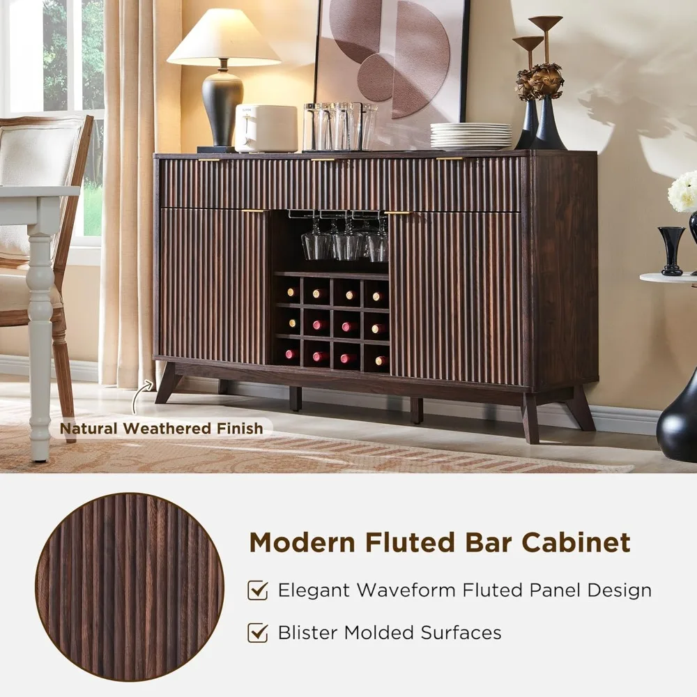 Armário buffet canelado contemporâneo com armazenamento - 3 gavetas, 2 portas, suportes para vinho e copos