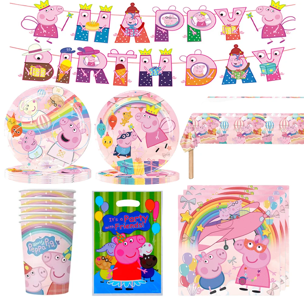 Pink Pig Cartoon Peppaed Pig Balloons Happy Birthday Tableware Set Banner Balloon George Family Paper Plates Cups Party Supplies