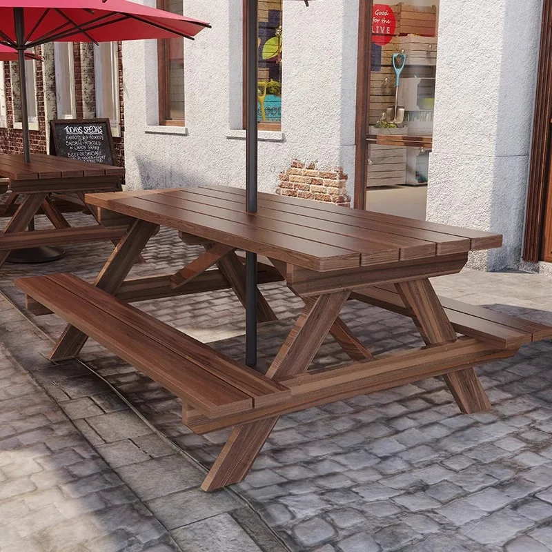 Outdoor community preservative wood one-piece tables and chairs with umbrella park outdoor courtyard solid wood leisure tables a
