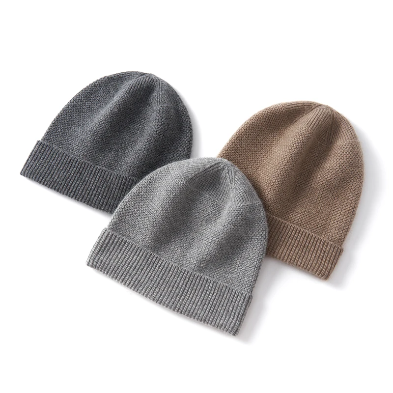 Winter New Men\'s Hats 100% Cashmere Knitted Headgears Soft Warm Casual Thick Man Cap 3Colors High Quality Skullies Men Solid Hat